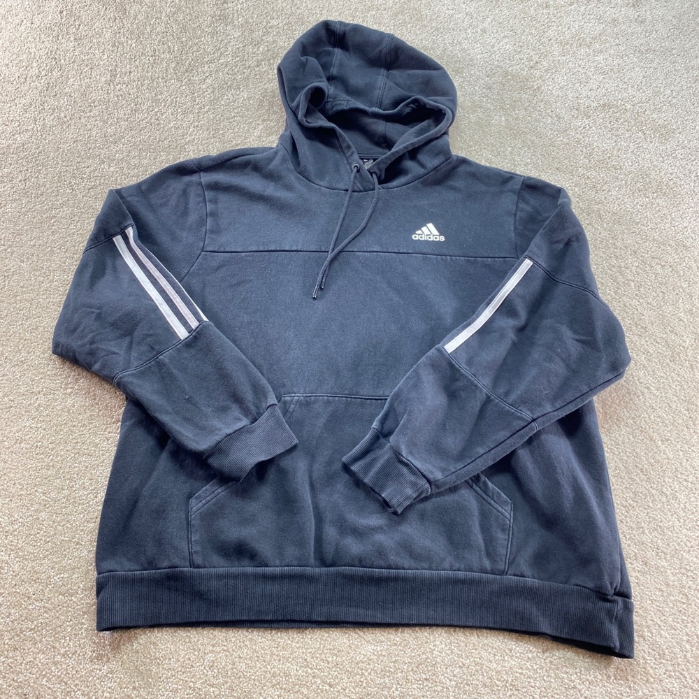 Adidas Sweater Hoodie Men Size Medium Black Pullover Athletic 3 Stripe Sleeve‎